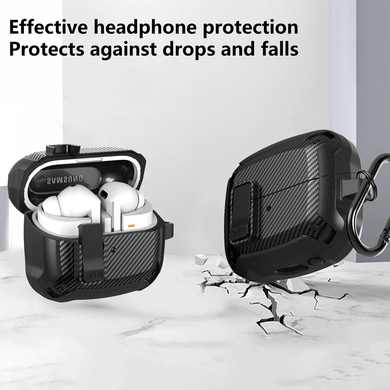 Secuer Lock Switch Carbon fiber textured headphone case For Samsung Galaxy Buds3Pro Galaxy Buds3 headphone casewith hook