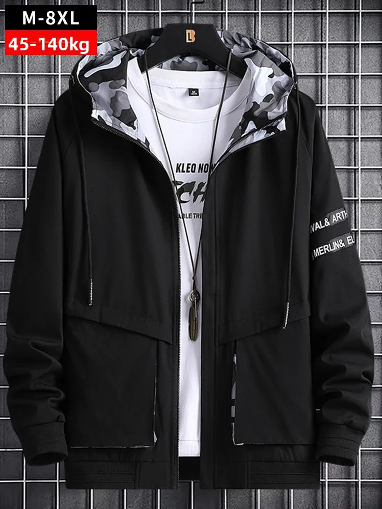 

plus Size Men's Jaet Spring Autumn Hooded Windproof Polyester Fabric Long Sve Zipper Closure Casual Outerwear Coat