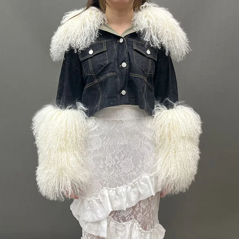 Fashion Streetwear Denim Jacket Autumn Winter New Coat Women Mongolian Sheep Fur Coats S5595