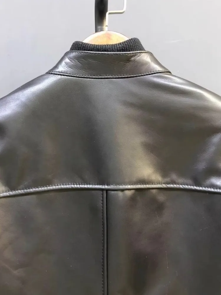 PUNK STAND COLLAR ผู้หญิงของแท้หนังซิปแขนยาว Sashes Cargo Outerwear Streetwear Sheepskin รถจักรยานยนต์สั้นเสื้อ