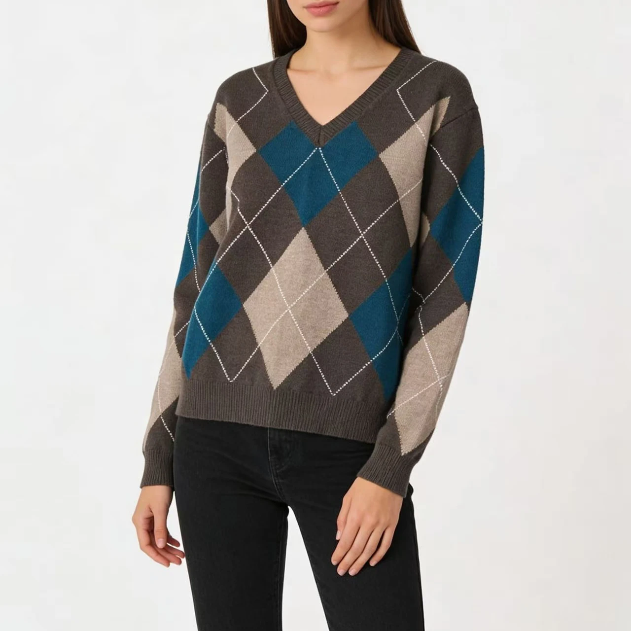 

Женский винтажный свитер с V-образным вырезом в ромбовидную клетку, коллекция Весна 16a-1445