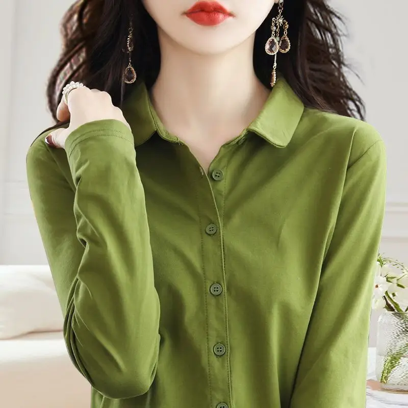 Hot Selling Large Size Pure Cotton Long Sleeved Shirt for Women\'s Spring Autumn Elegant High-end Base Shirt Loose Slimming Top