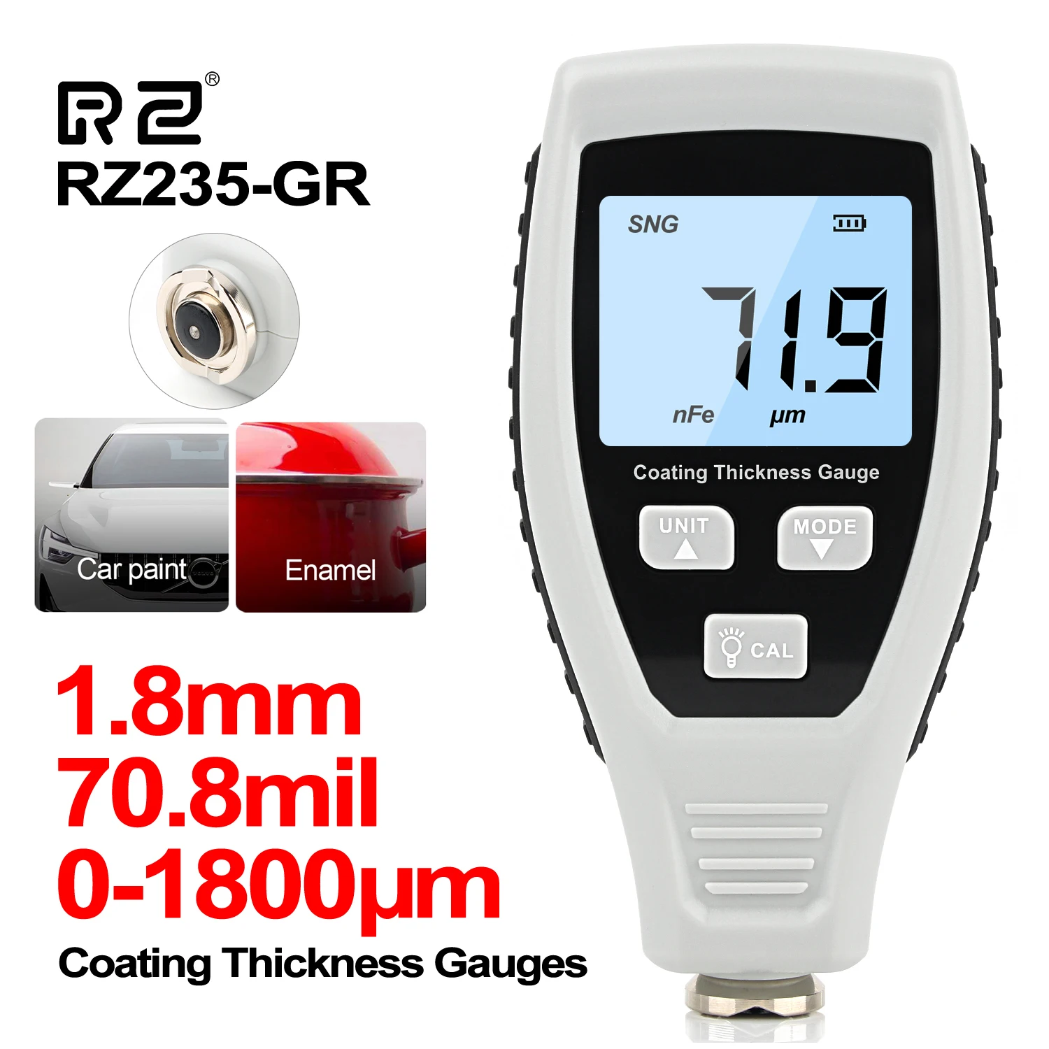 

RZ Car coating paint thickness tester Paint thickness gauge 0~1800μm Paint depth coating thickness gauge Car styling tools RZ235