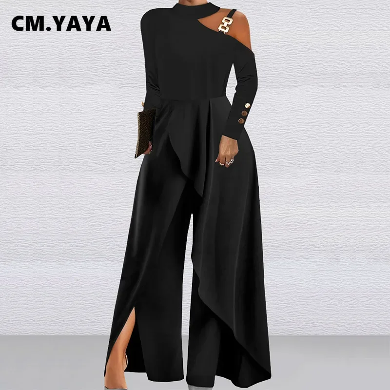 Women Drop-shoulder Buckle Long Sleeve Wide Leg Straight Jumpsuit 2024 Autumn Chic Playsuit Street One Piece Suit Romper