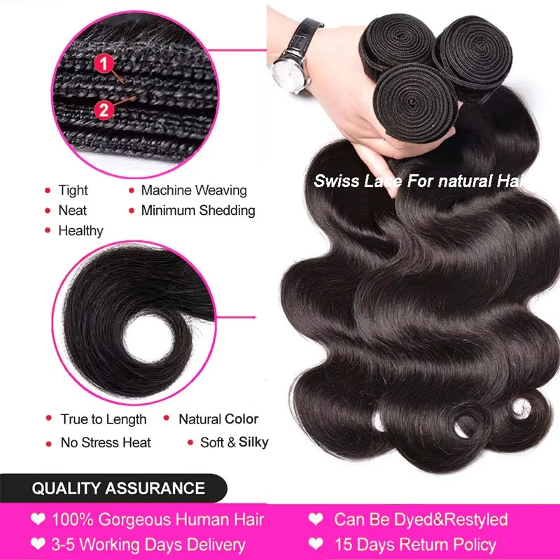 Rambut Ekstensi Body Wave 30 Inch, 100% Rambut Asli Hitam Alami 4/5 Pcs, Rambut Manusia Brasil Tanpa Proses, Double Weft Untuk Wanita