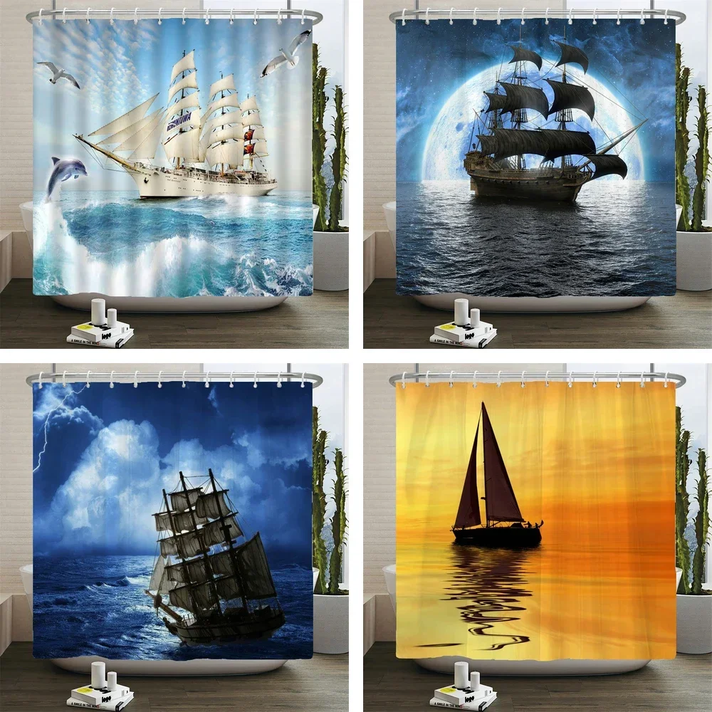 Sailboat Waterproof Bathroom Shower Curtains Sea Navigation Bath Curtains 3d Printing With Hooks 180*180cm Washable Cloth