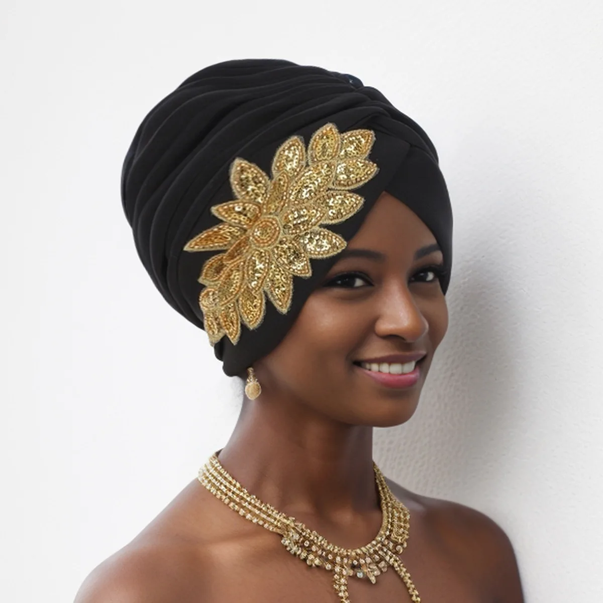 

Glitter Pleated Turban Caps for Women African Head Wraps Nigeria Party Headpiece Turbante Mujer Muslim Headscarf Hats Bonnet New