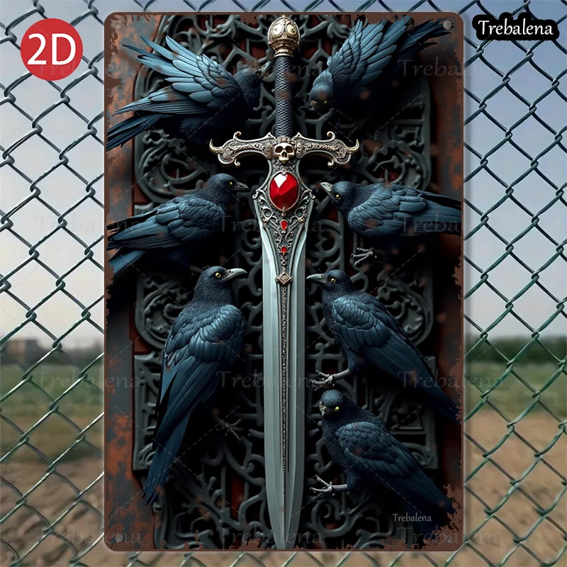 

1 шт. 2D плоский 8*12 дюймов металлический знак готический меч с воронами винтажный металлический художественный декор