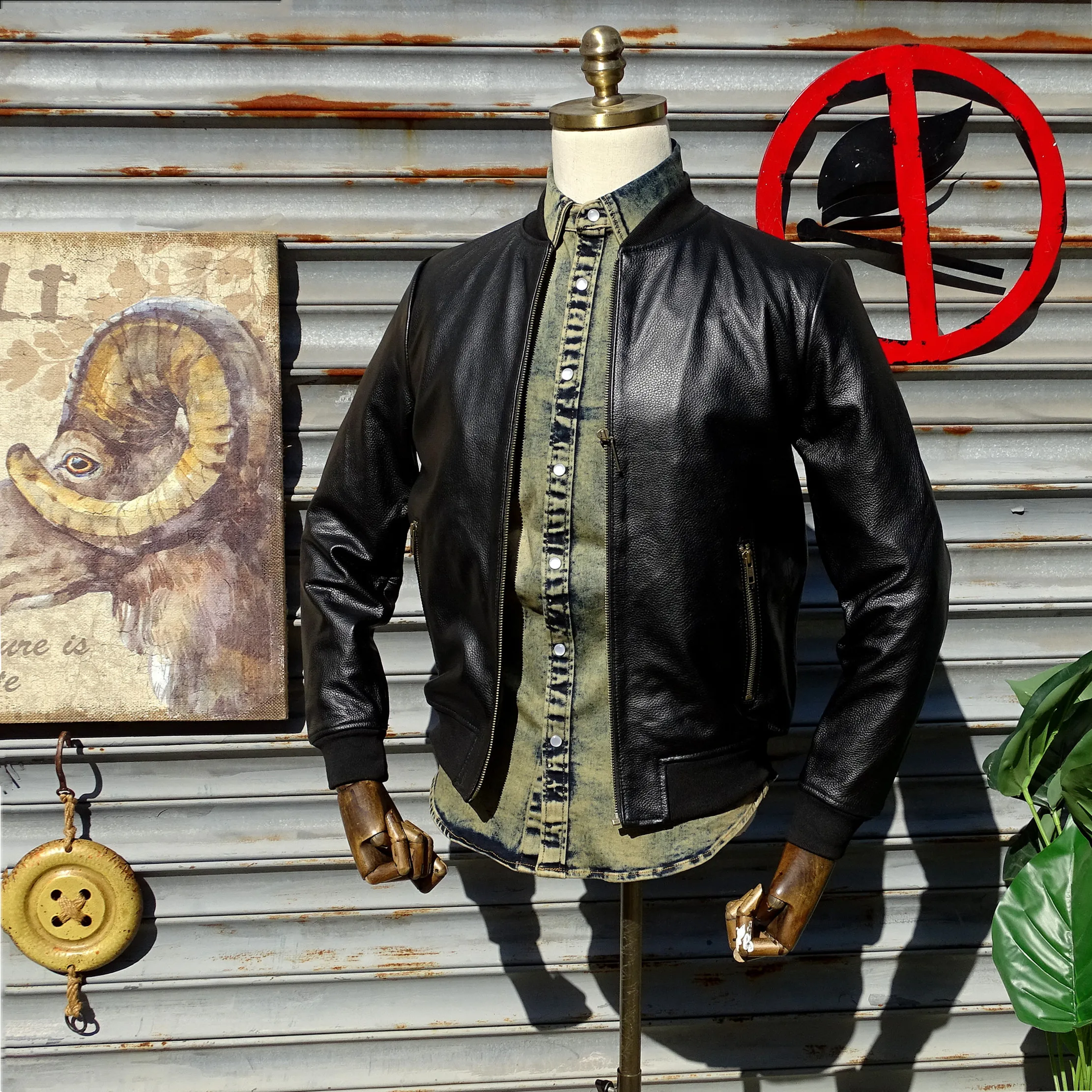 

Мужская стеганая куртка из натуральной яловой кожи на молнии спереди, облегающая посадка ort Sle Faion Urban, повседневная осенняя кожаная одежда...