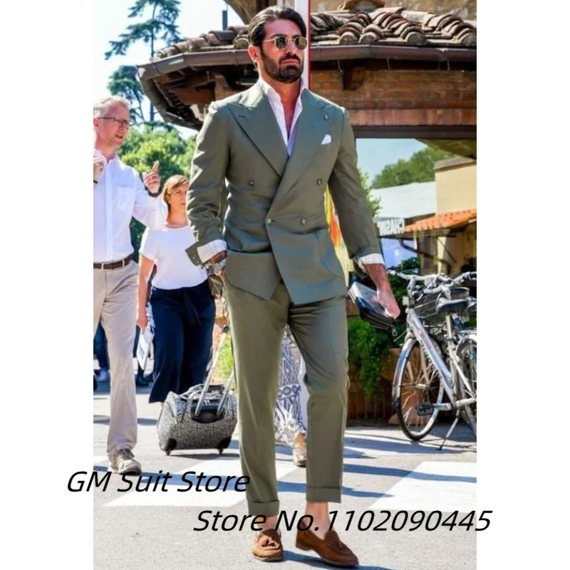 Traje de dos piezas para hombre, pantalones recortados ajustados de doble botonadura, con solapa de punta a la moda, traje informal de negocios para