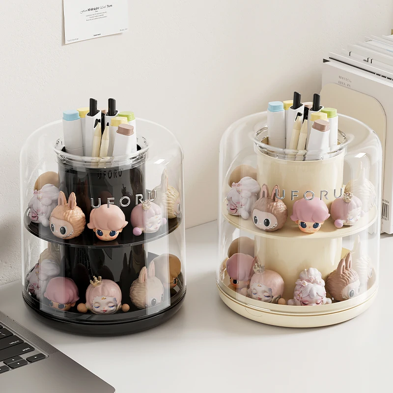 360 ° Rotating Pen Holder - Large Capacity Dustproof Transparent Thick Plastic Desktop Storage