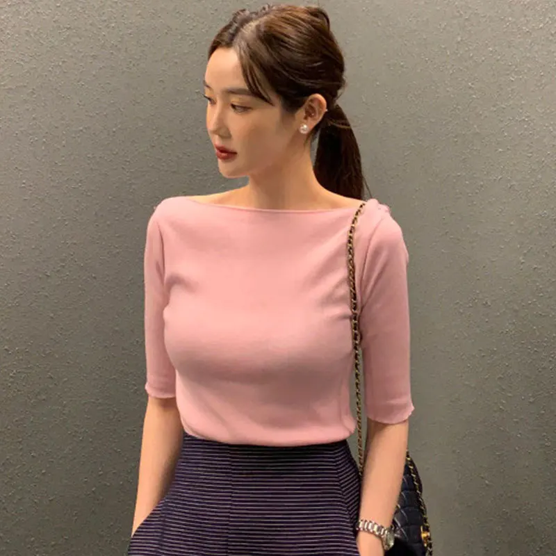 

Slim Fit Color ort Sve Knitted Top Women's Faionable Summer Simple Versatile One oulder Elastic Bandage irt