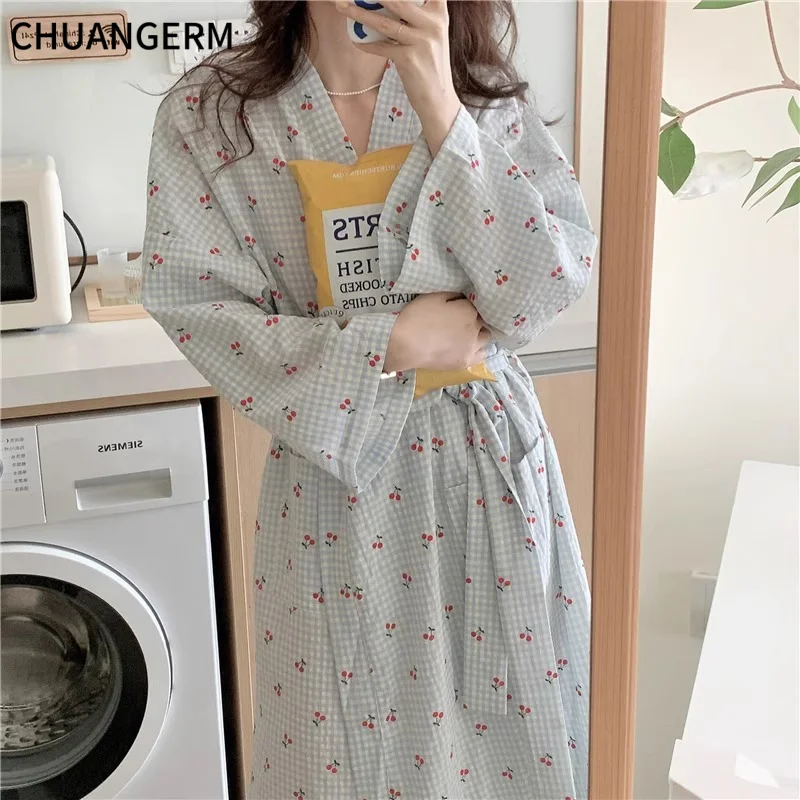 CHUANGERM Women Sweet Plaid Long Sleeve V‑Neck Lace Up Loose Medium‑Long Robe Comfortable Sexy Home Wear Loungewear