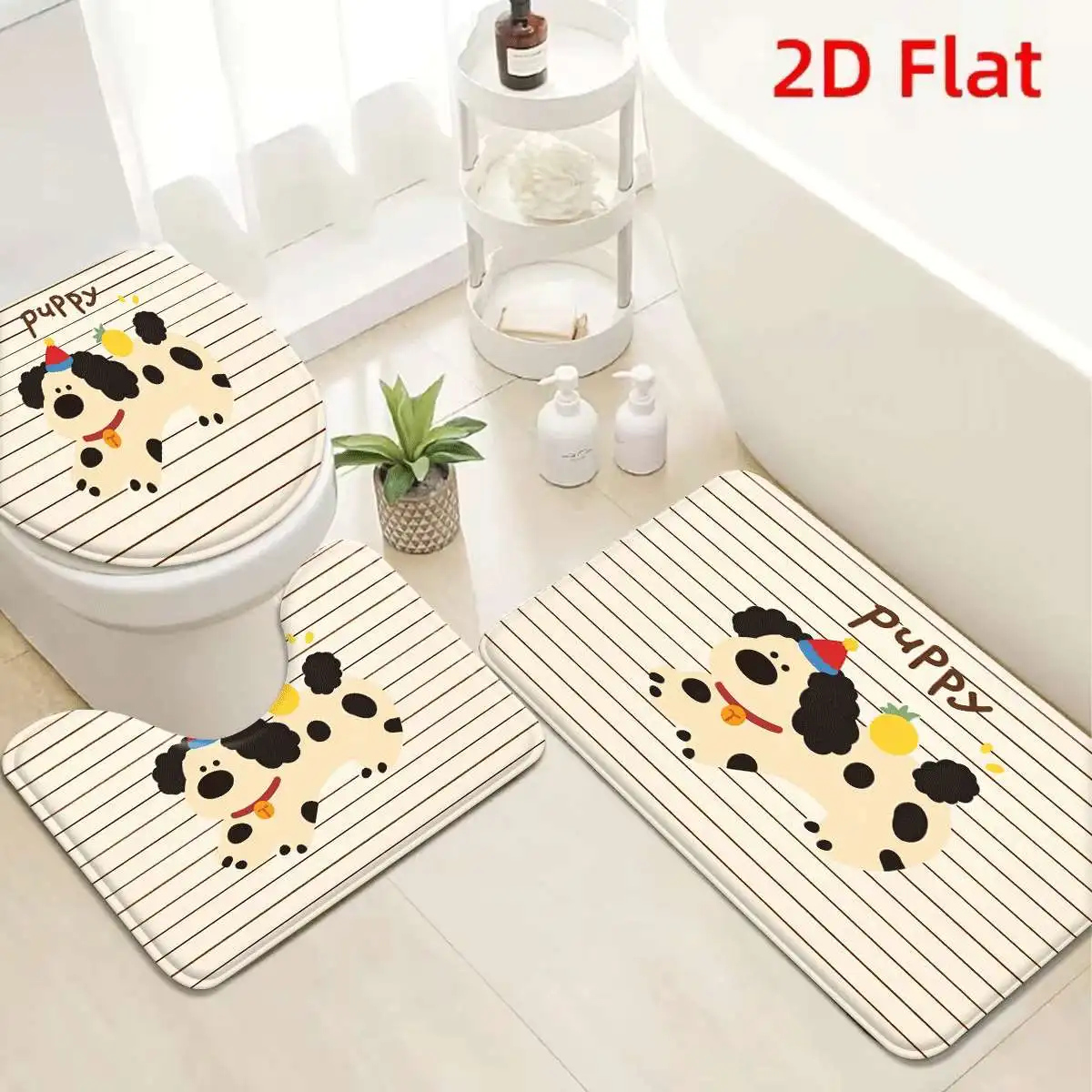 

3Pcs Cream Stripe Puppy Bath Mat Non Slip Absorbent Toilet Rug with Lid Cover for Bathroom Washable Flannel