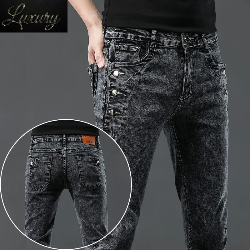 

Vintage Fashion Men's Designer Jeans Snowflake Wash Korean Stretch Pants Male Classic Slim Denim Trousers