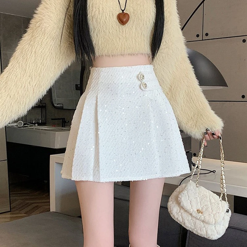 Women Tweed Skirts Fashion Pencil Bodycon High Waist Skirts Vintage Autumn Winter Slim Korean Elegant Short Mini Pleated Skirt