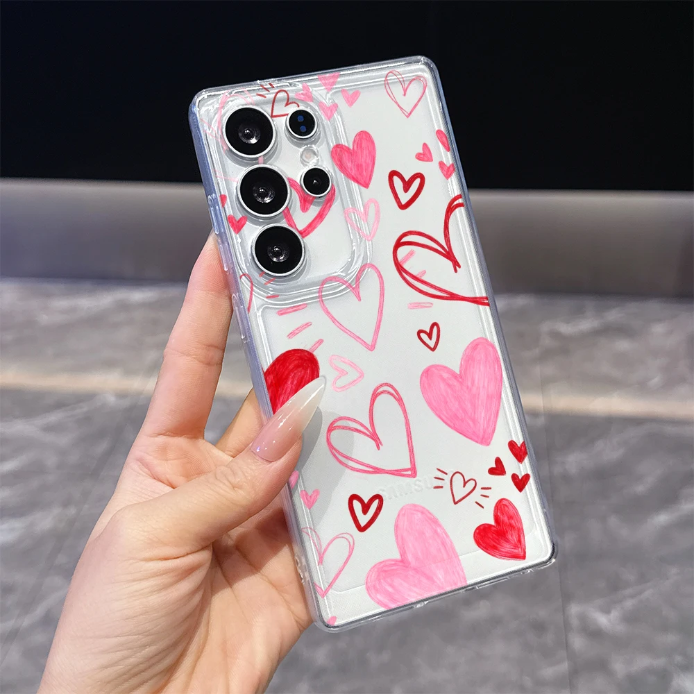 Hand Drawn Pink Red Hearts Clear Soft TPU Phone Case For Samsung S26 S24 S21 FE Plus A57 Anti Scratch Slim Back Cover
