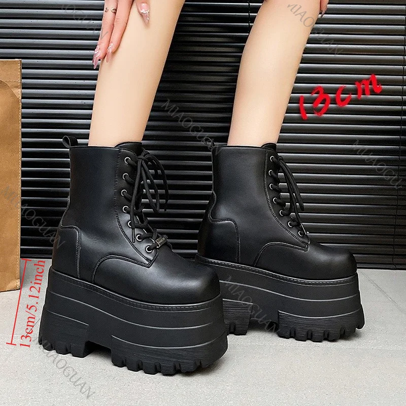 Modische dicke Plateau-Kurzstiefel für Damen, klobige Sohle, höhenvergrößernde Schuhe, wasserdichtes Leder, große Größe, bequeme Schuhe