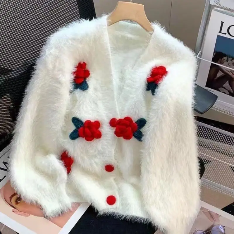 Spring Autumn  Women\'s Mink Wool Cardigan With Flowers Knit Coat