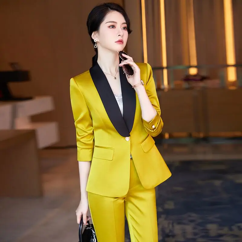 Designer Splicing Women Senior Luxurious Blazer Suit Pants Set Soft Satin Silk Office Lady Graceful Coat Big Size Elegant Jacket