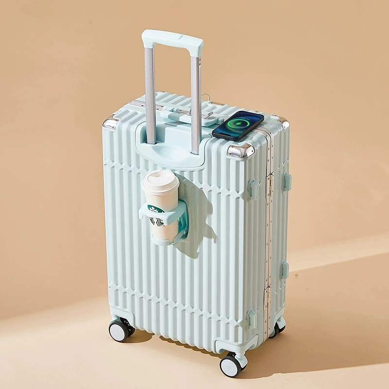 Multifunctional Luggage Aluminum Frame Trolley Case Universal Wheel Cup Holder Seat Built-in USB Interface Boarding Suitcase