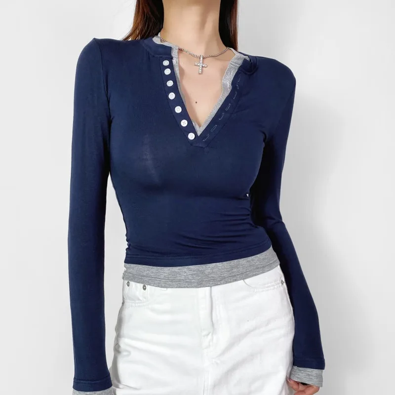 

Harajuku Elegant Fake Two-Piece Design Top Women Autumn Korean Fashion Sweet Office Slim Pullover Aesthetic Y2k Casual Tops