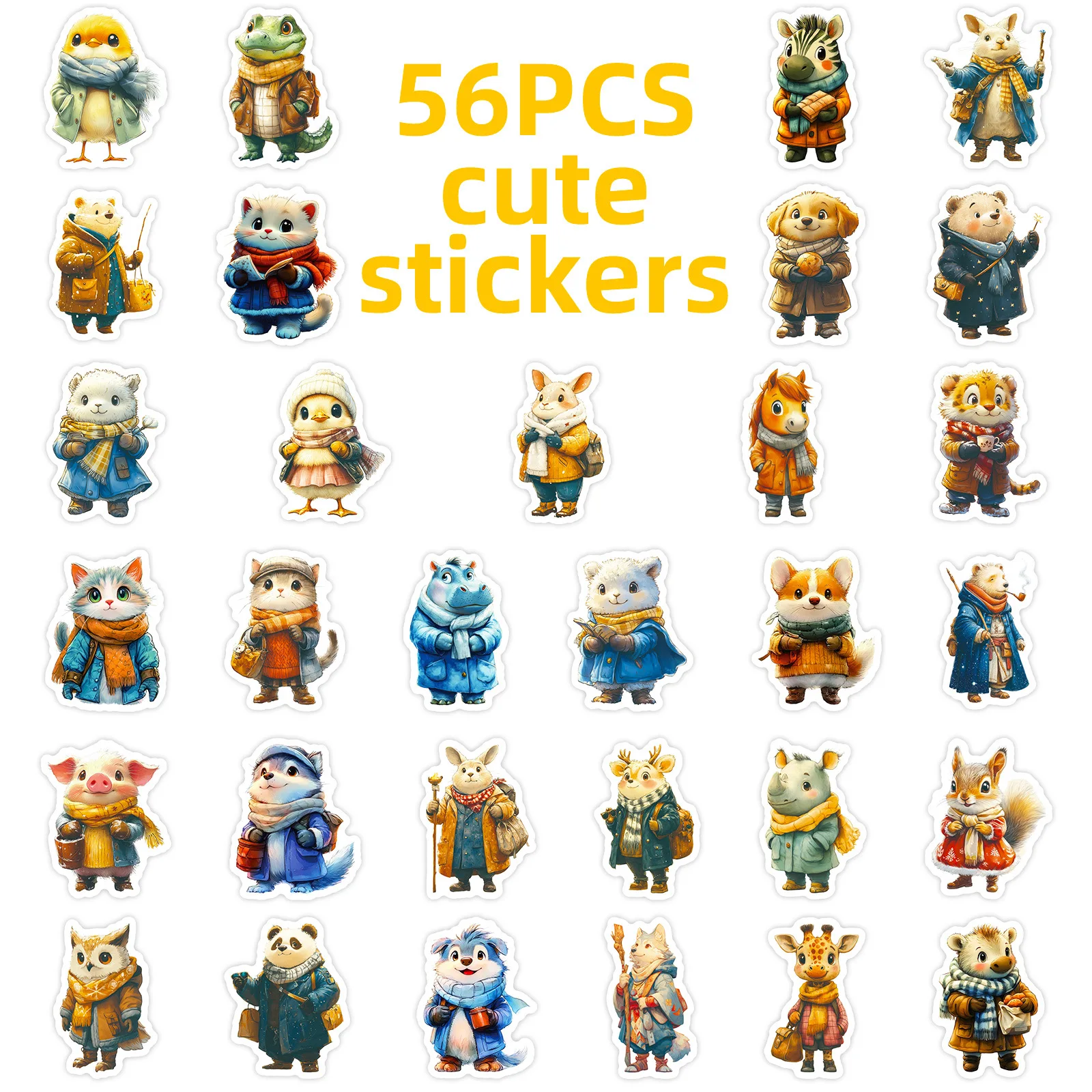 56 Pcs HD Vivid Vintage Winter Animal Doodle Stickers Creative for Phone Case Scrapbook Stationery Box Lunch Box Binder Decals