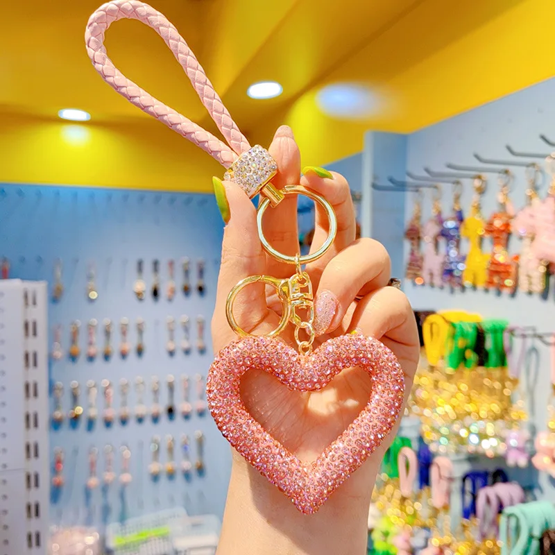 Cute Heart Shape Keychains Sweet Pink Rhinestone Hollow Key Rings for Women Girls Bag Charms Key Accessories Sweet Romance Gift