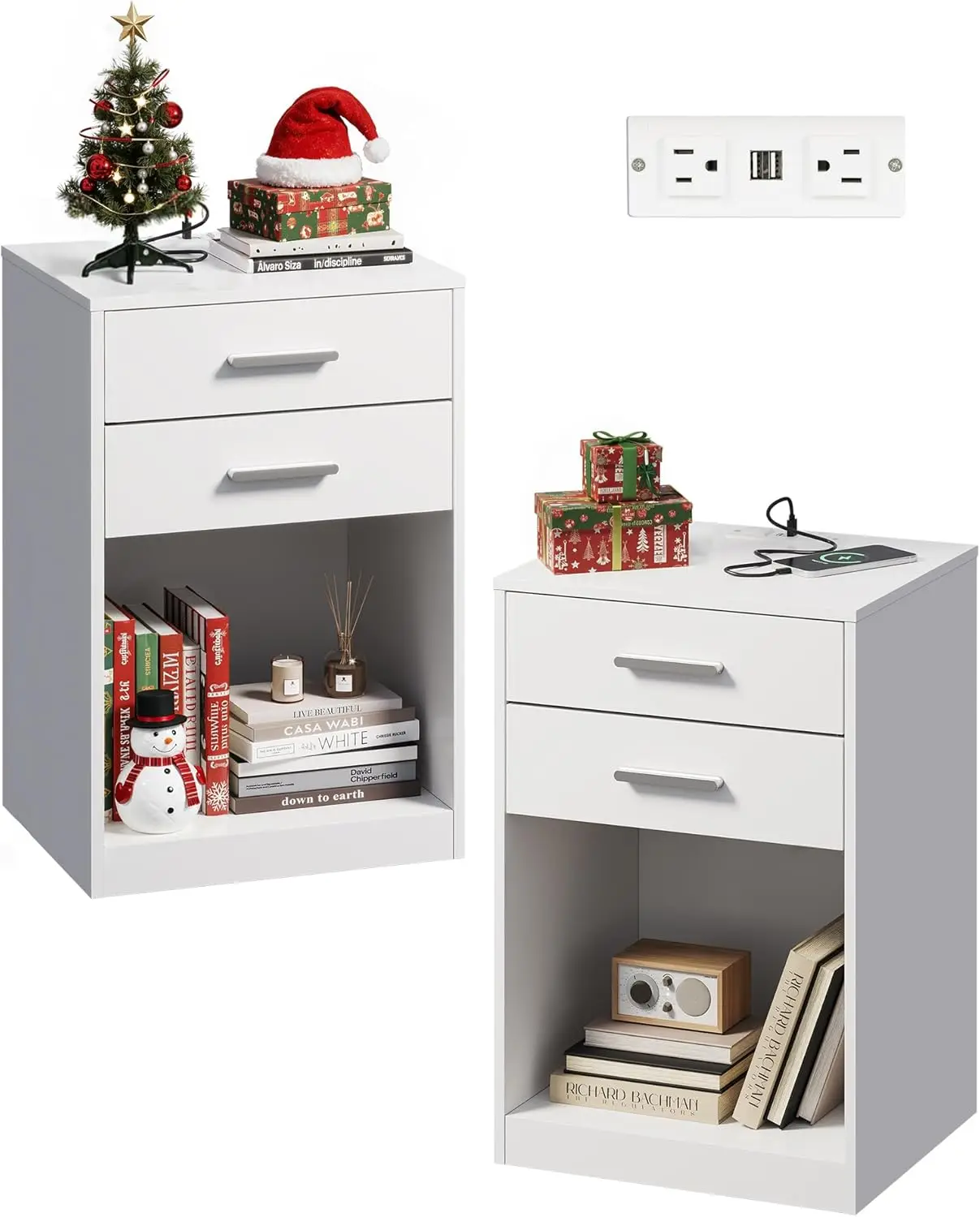 

Набор из 2 прикроватных тумбочек с зарядной станцией, тумбочками с деревянными ящиками и открытой полкой, прикроватные тумбочки для гостиной, спальни