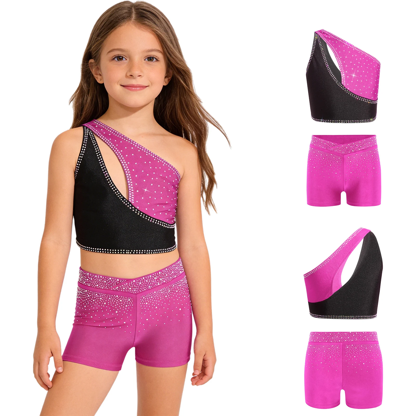 

Rhythmic Gymnastics Outfit for Girls Ballet Dance Figure Skating Costume One Shoulder Crop Top+Shorts 2-piece Set Sports Clothes