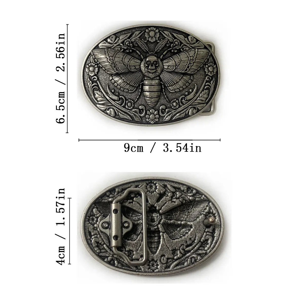 Men Vintage Belt Buckle, Antique Silver Floral Skull Moth Engraved Metal Western Punk Fashion Accessories Dropshipping view 2
