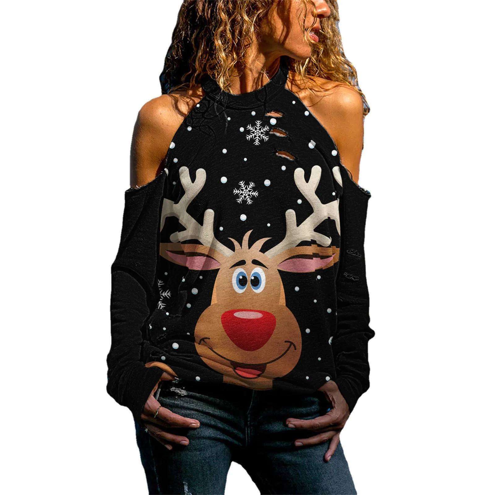 

European American Woman Christmas Clothing Spring Autumn Winter O-neck T-shirt Long Sleeve Hollow Out Strapless Bottoming Shirt