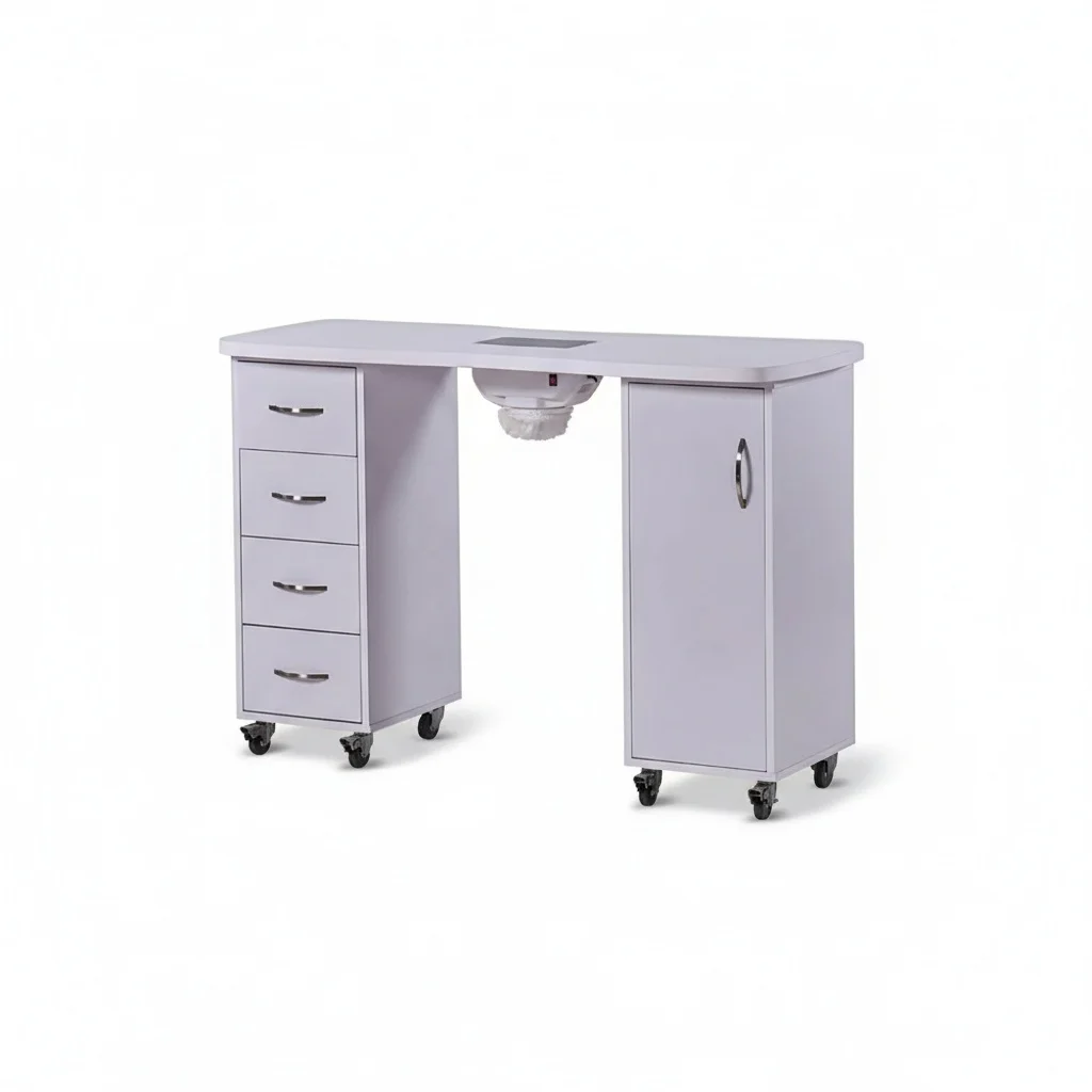 

Manicure Nail Table, MDF Wood and Glass Foldable Manicure Station, Acetone Resistant Desk Workstation with Wheels Spa Salon