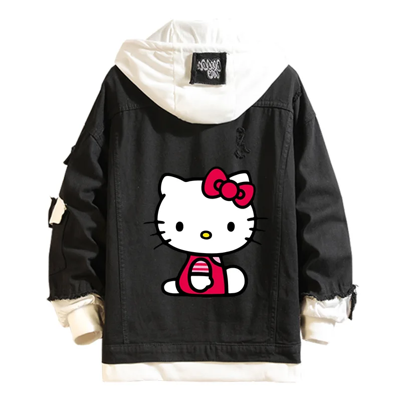 Anime Sanrio Denim Bomber Jacket Hello Kitty Hooded Jeans Sweatshirt Unisex Ripped Hole Cosplay Hoodie Long-Sleeved Denim Jacket