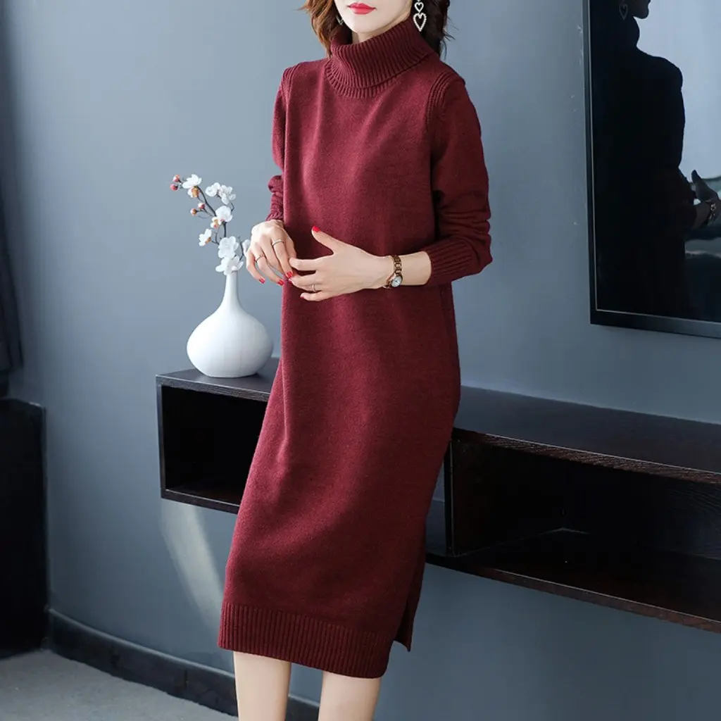 

Women's High Collar Long Sweater Autumn Winter Loose Fit Over-Knee Split Simple Knitted Base Shirt All-Match Fashion Top