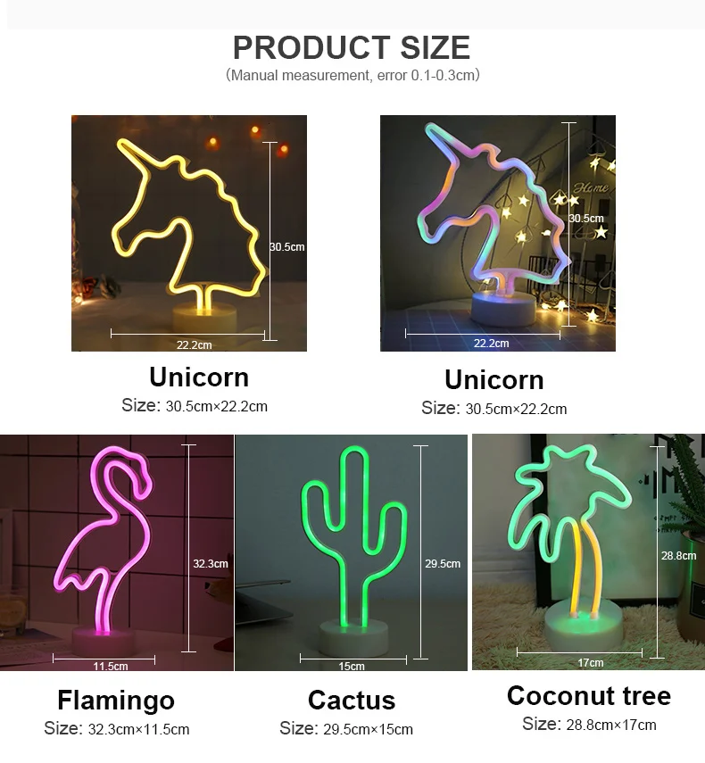 LED Neon Lights USB/Battery Power Flamingo Cactus Neon Sign Lamp Coconut Tree Pineapple Unicorn Lamp Holiday Christmas Decor