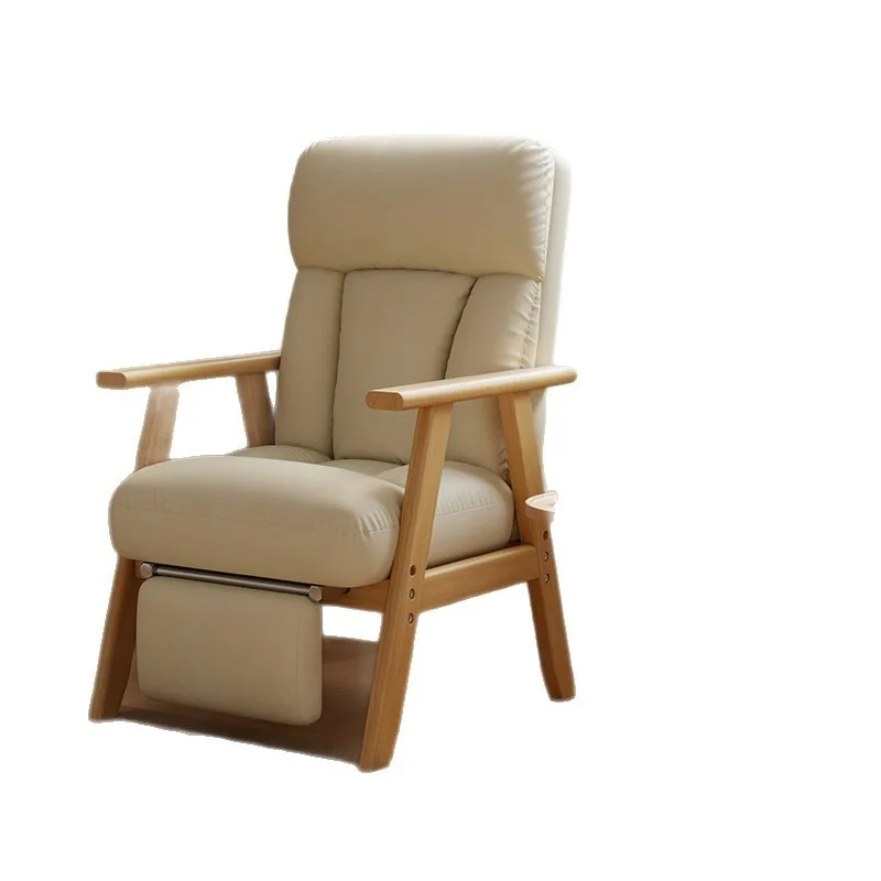 Single Lazy Recliner with Solid Wood Armrests, Sit & Lie Adjustable Waist Support Chair for Elderly, Comfort Seat for Lunch Rest