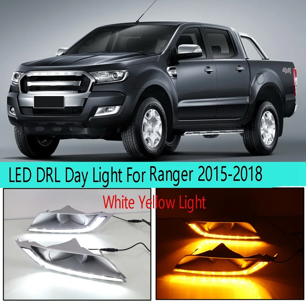 1Pair White Yellow Light LED DRL Day Light Turning Signal Lamp Front Bumper Fog Light for Ford Ranger 2015-2018