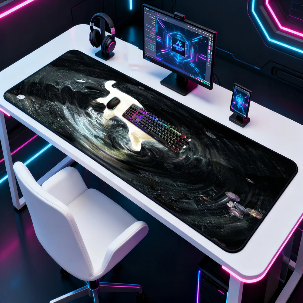 Cat Mouse Pad Desk Pad XXL Gaming Black Mousepad Background Computer Swirl 120x60 White Desk Accessories Foldable