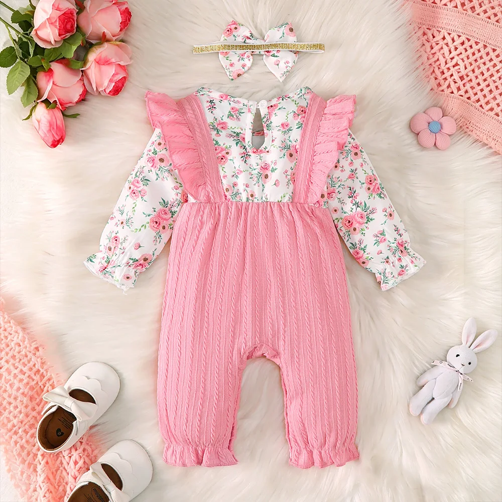 Niedlicher Langarm-Overall mit Blumenmuster für Babymädchen im Herbst, Lässiger und Entzückender Baby-Mädchen-Overall mit Haarband – Detail 2