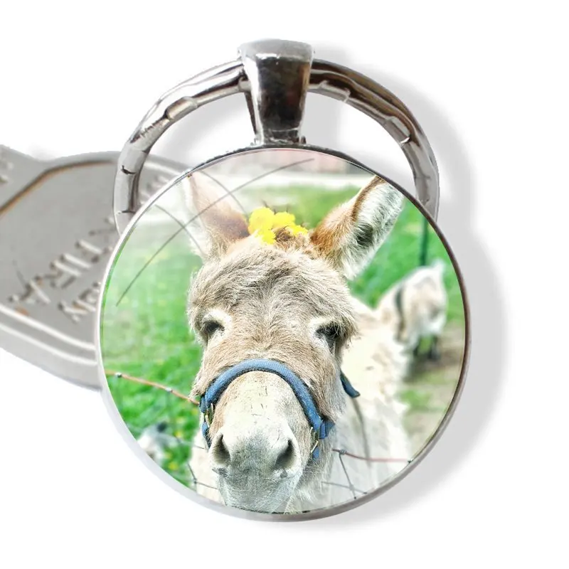 New animal donkey head Keychain Handmade Glass Cabochon Key Ring Holder Pendant Key Chains