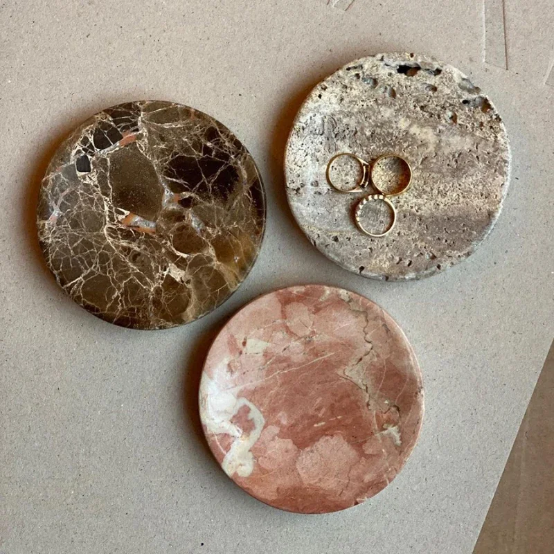 

French Retro Light Luxury Style Natural Marble Circular Small Tray Wabi Sabi Style Bedroom Creative Jewelry Storage Box