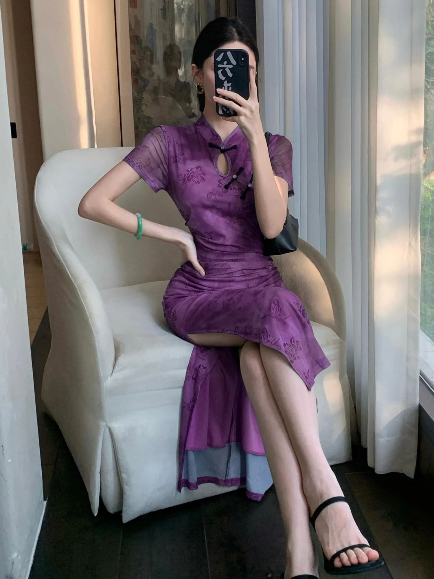 

Elegant Purple Chinese Style Long Qipao Dress Women's Summer Slimming High Slit Dress Straight Collar Short Sleeve Floral Pat...