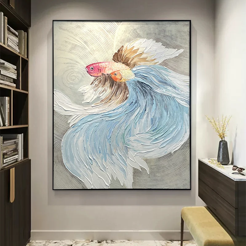 

100% Hand Painted New Textured Design Oil Painting Home Wall Decoration Animal Fish Art Canvas Picture Living Room Decorative
