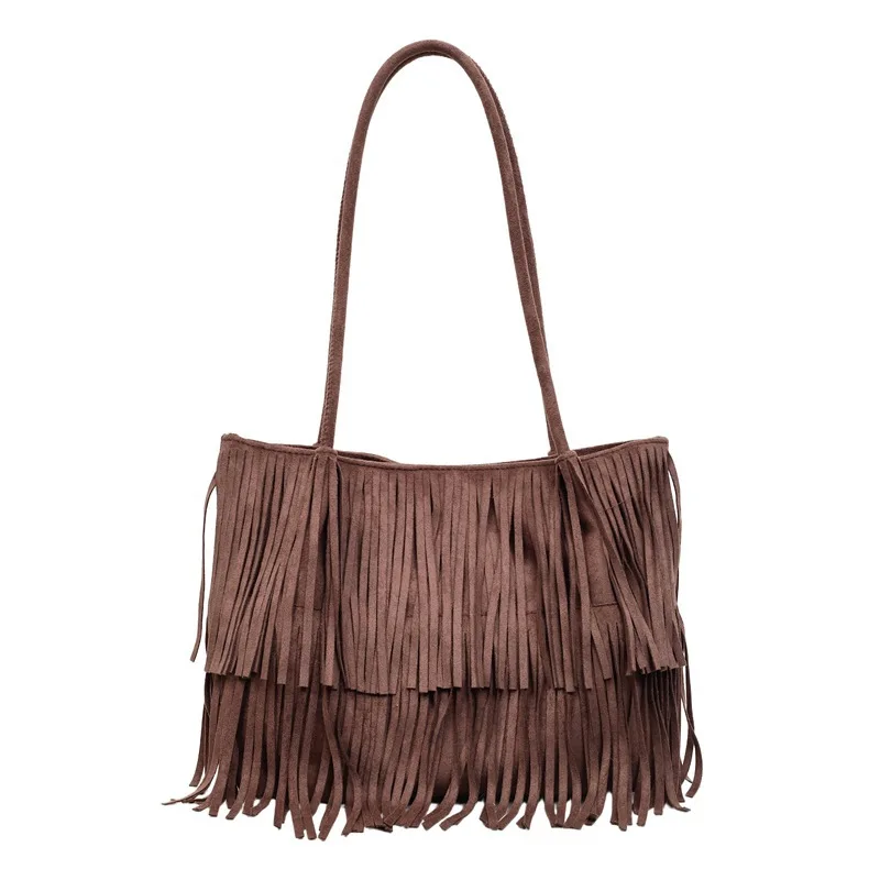 

Effortless Commuter Tote, Bohemian Retro Bag With Tassels, Versatile Faux Suede Shoulder Hobo, Women's Casual Handbag