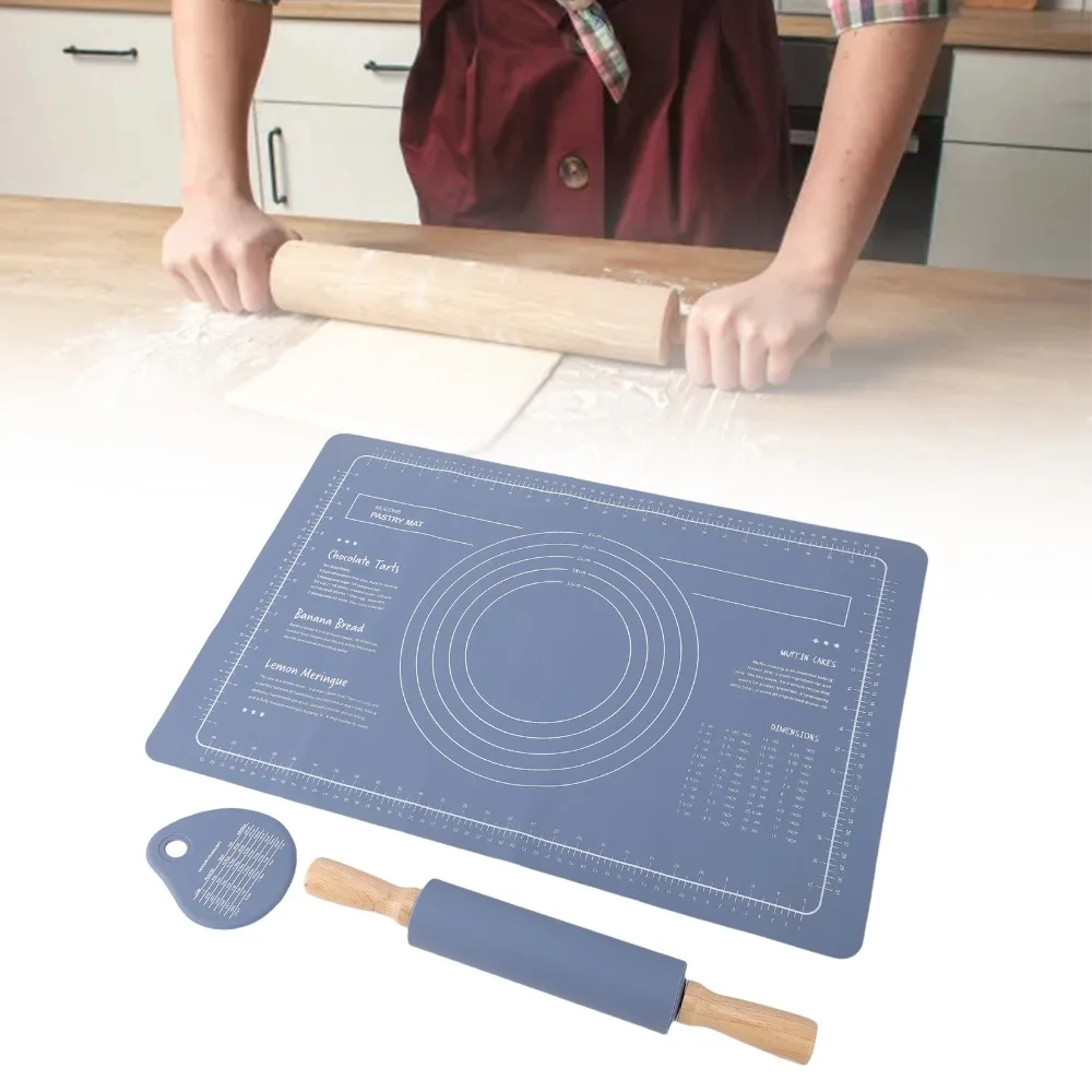 3pcs Food Grade Silicone Pastry Mat Rolling Pin Set Thickened Non Slip Dough Kneading Mat Wooden Rolling Pin Heat Resistant