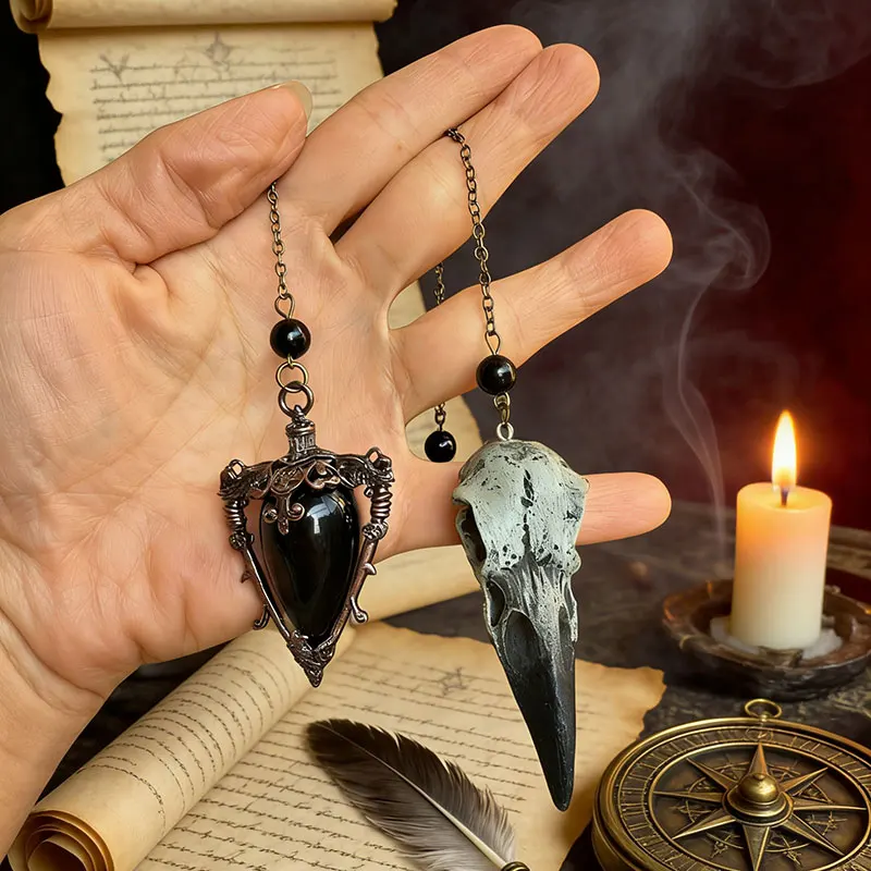 Real Natural Stone Black Obsidian Crystal Pendulum for Divination Answers Hypnosis Raven Skull Chain Spiritual Pendulos X189