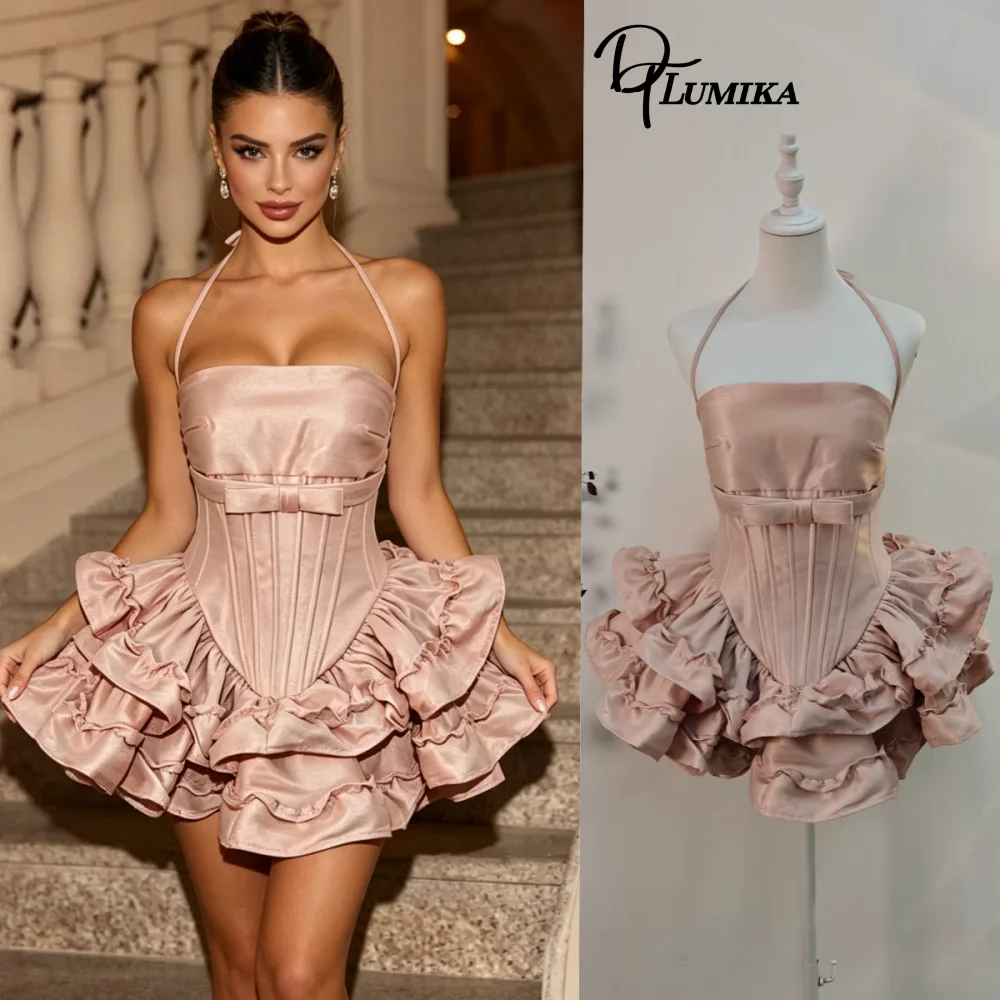 

DTLumika Women's Halter Satin Mini Dress with Corset Ruched Above Knee Sweety Party Gown Wedding Guest Dinner Dating, Prom Dress