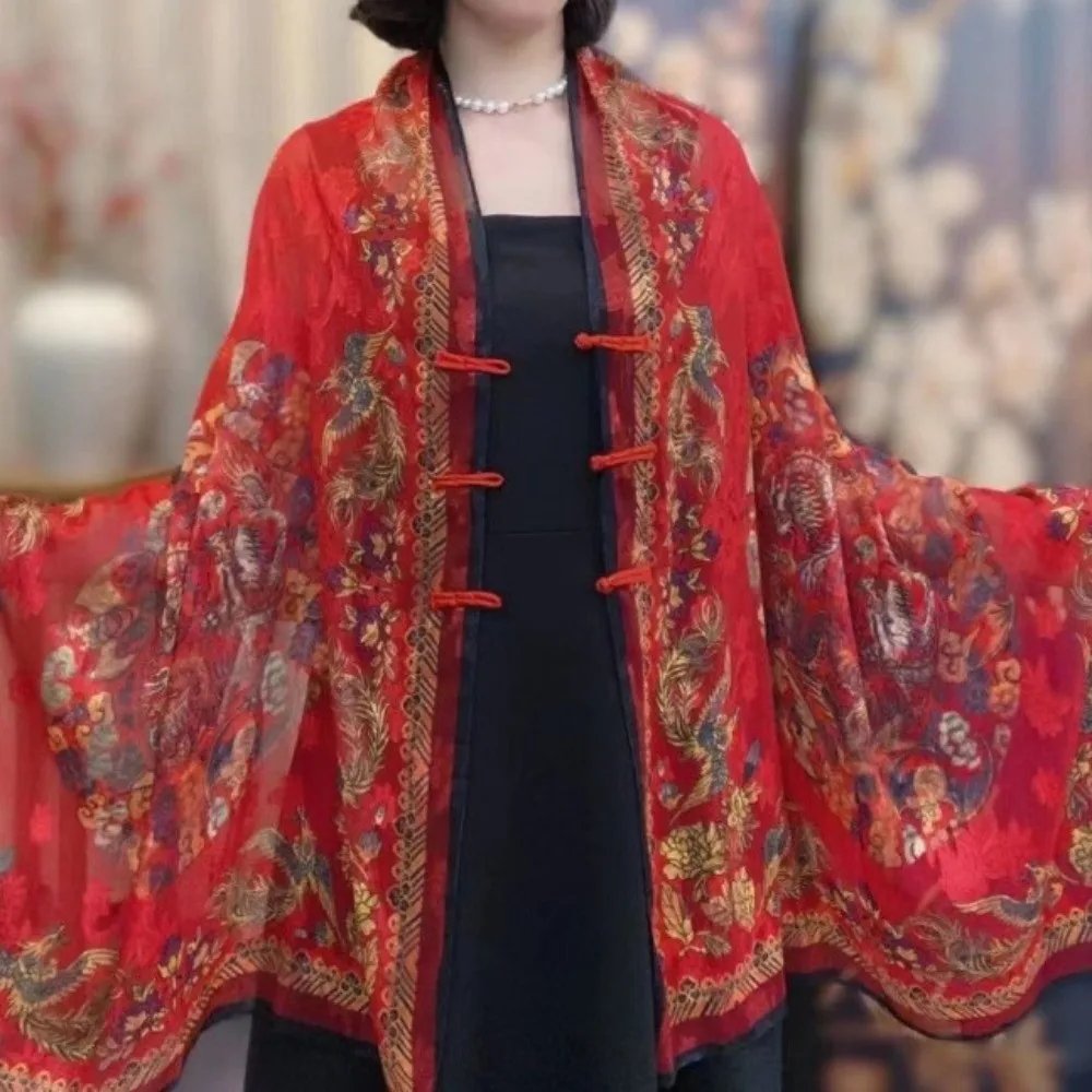 

Elegant Retro Style Buckle Printed Shawl Sunscreen Flower Lady Silk Scarf High-End Feeling All-Match Tudung Scarf Outdoor