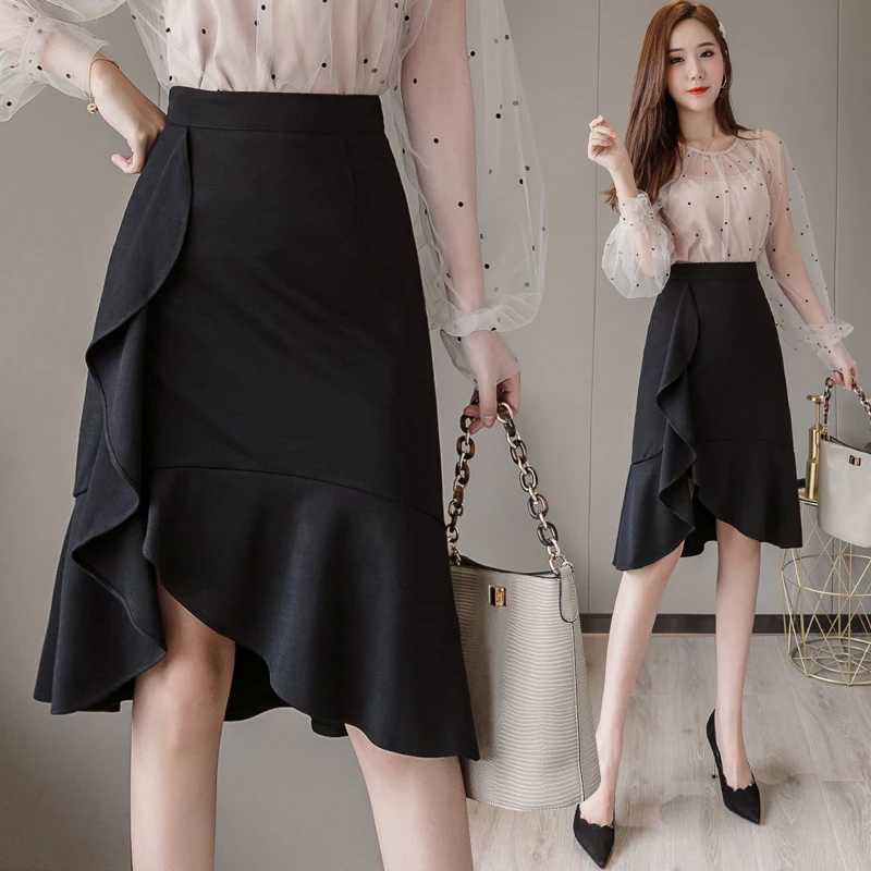 

Ladies Elegant Medium Long Black Skirt Women Clothes Girls Ruffle Edge Asymmetry Cute Skirts Chic Casual Clothing BPy3635A